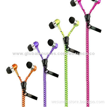 Colorful Metal Zipper Earphones with Mic or Volume Control or Without, Made of Metal Shells